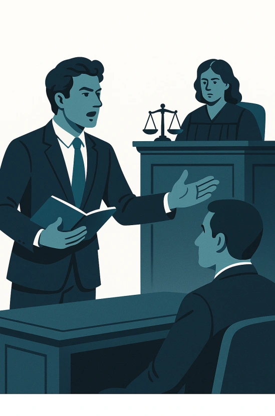 Illustration of a legal advocate defending client rights